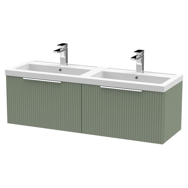 Fluted 1200mm Wall Hung 2 Drawer Vanity & Double Polymarble Basin - Satin Green Fluted 1200mm Wall Hung 2 Drawer Vanity & Double Polymarble Basin - Satin Green