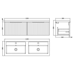 Fluted 1200mm Wall Hung 2 Drawer Vanity & Double Polymarble Basin - Satin Green - Technical Drawing