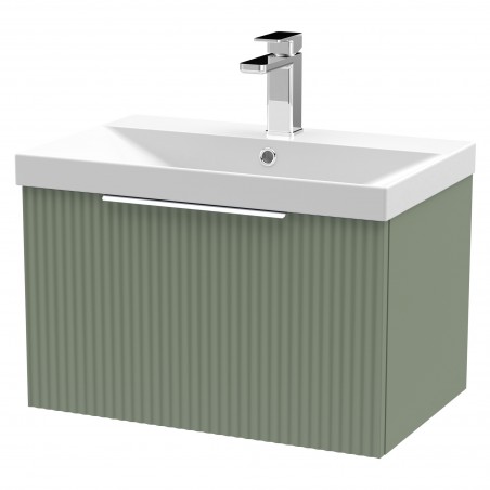 Fluted 600mm Wall Hung Single Drawer Vanity & Thin-Edge Ceramic Basin - Satin Green