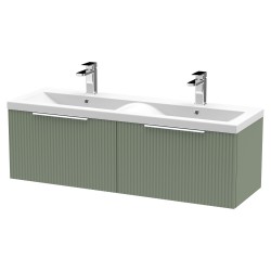 Fluted 1200mm Wall Hung 2 Drawer Vanity & Double Ceramic Basin - Satin Green