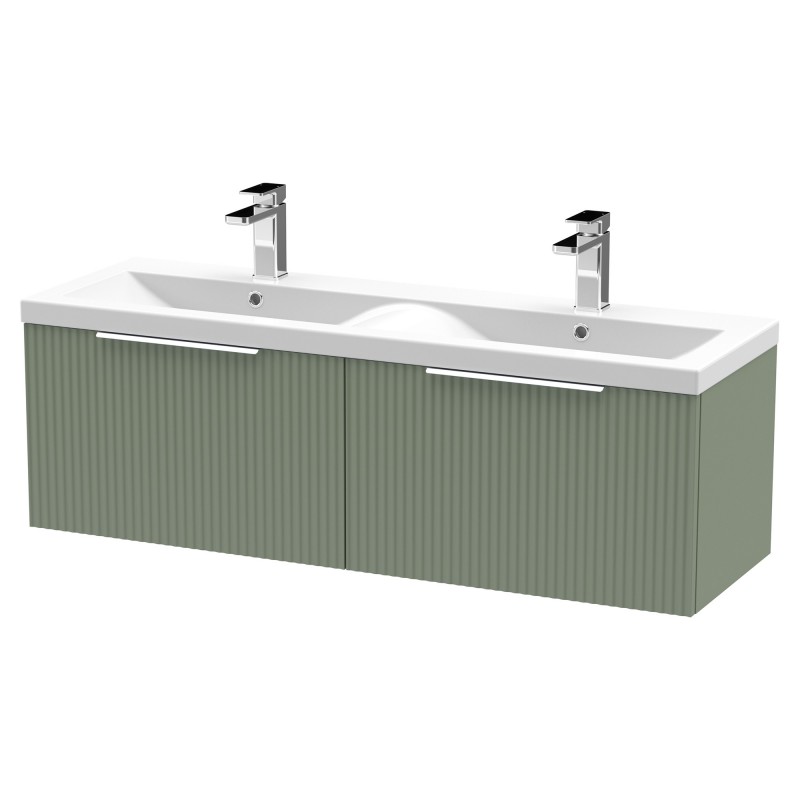 Fluted 1200mm Wall Hung 2 Drawer Vanity & Double Ceramic Basin - Satin Green Fluted 1200mm Wall Hung 2 Drawer Vanity & Double Ceramic Basin - Satin Green