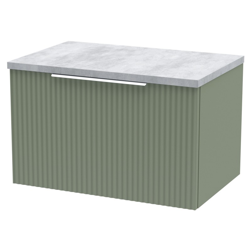 Fluted 600mm Wall Hung Single Drawer Vanity & Bellato Grey Laminate Worktop - Satin Green Fluted 600mm Wall Hung Single Drawer Vanity & Bellato Grey Laminate Worktop - Satin Green