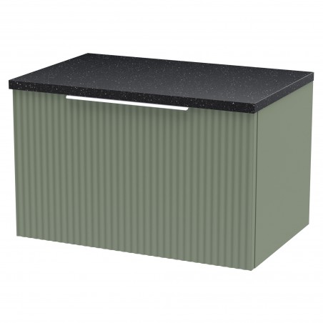 Fluted 600mm Wall Hung Single Drawer Vanity & Black Sparkle Laminate Worktop - Satin Green