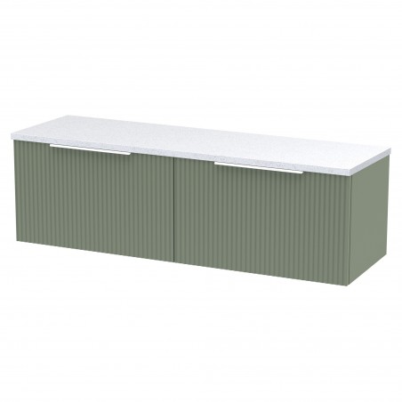 Fluted 1200mm Wall Hung 2 Drawer Vanity With White Sparkle Laminate Worktop - Satin Green