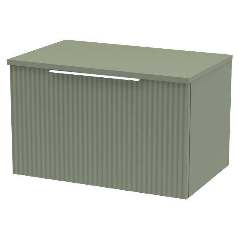 Fluted 600mm Wall Hung Single Drawer Vanity & Worktop - Satin Green Fluted 600mm Wall Hung Single Drawer Vanity & Worktop - Satin Green