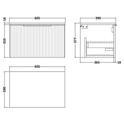 Fluted 600mm Wall Hung Single Drawer Vanity & Worktop - Satin Green - Technical Drawing