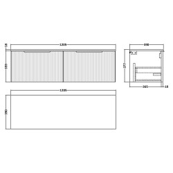 Fluted 1200mm Wall Hung 2 Drawer Vanity & Worktop - Satin Green - Technical Drawing