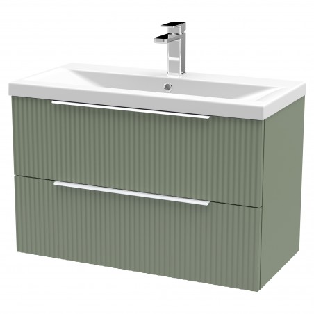 Fluted 800mm Wall Hung 2 Drawer Vanity & Mid-Edge Ceramic Basin - Satin Green