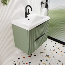 Fluted 800mm Wall Hung 2 Drawer Vanity & Mid-Edge Ceramic Basin - Satin Green - Insitu