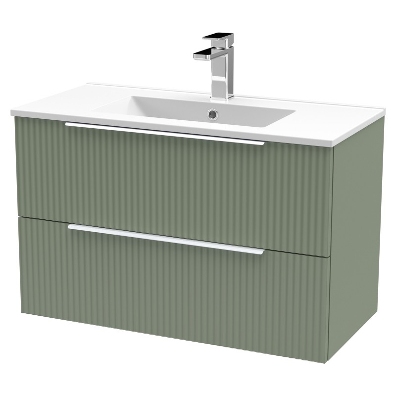 Fluted 800mm Wall Hung 2 Drawer Vanity & Minimalist Ceramic Basin - Satin Green Fluted 800mm Wall Hung 2 Drawer Vanity & Minimalist Ceramic Basin - Satin Green