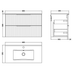 Fluted 800mm Wall Hung 2 Drawer Vanity & Minimalist Ceramic Basin - Satin Green - Technical Drawing