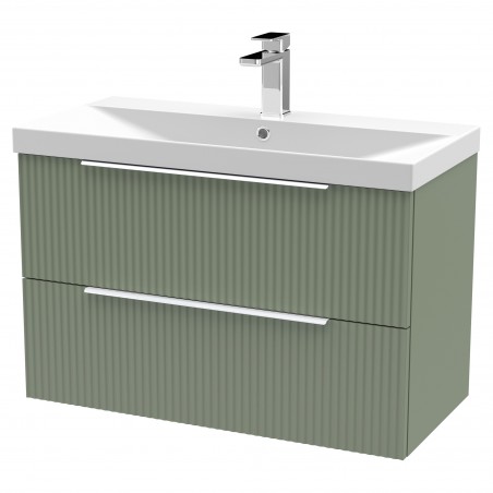 Fluted 800mm Wall Hung 2 Drawer Vanity & Thin-Edge Ceramic Basin - Satin Green