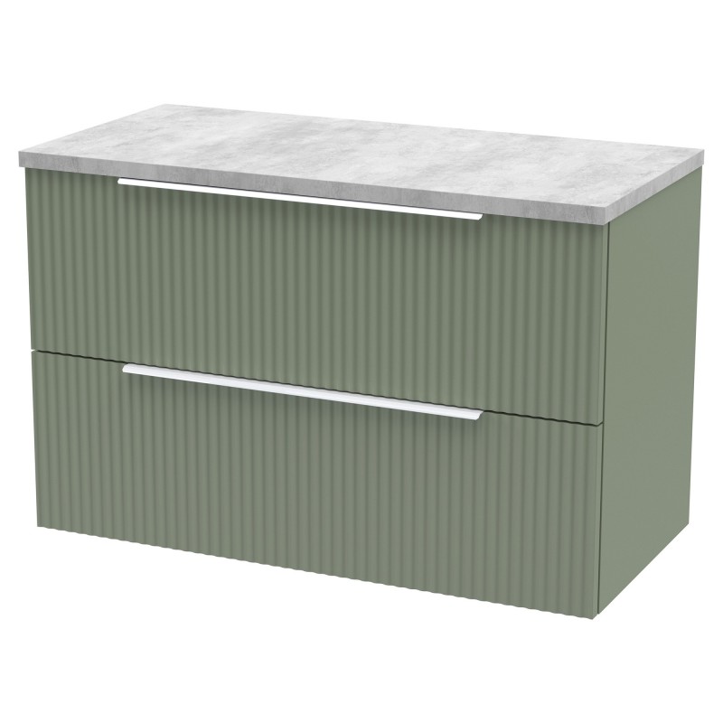 Fluted 800mm Wall Hung 2 Drawer Vanity & Bellato Grey Laminate Worktop - Satin Green Fluted 800mm Wall Hung 2 Drawer Vanity & Bellato Grey Laminate Worktop - Satin Green