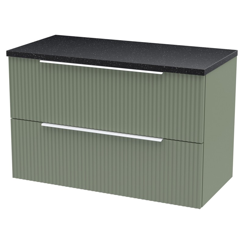 Fluted 800mm Wall Hung 2 Drawer Vanity & Black Sparkle Laminate Worktop - Satin Green
