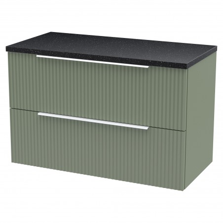 Fluted 800mm Wall Hung 2 Drawer Vanity & Black Sparkle Laminate Worktop - Satin Green