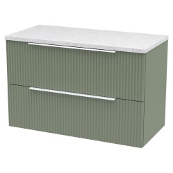 Fluted 800mm Wall Hung 2 Drawer Vanity & White Sparkle Laminate Worktop - Satin Green