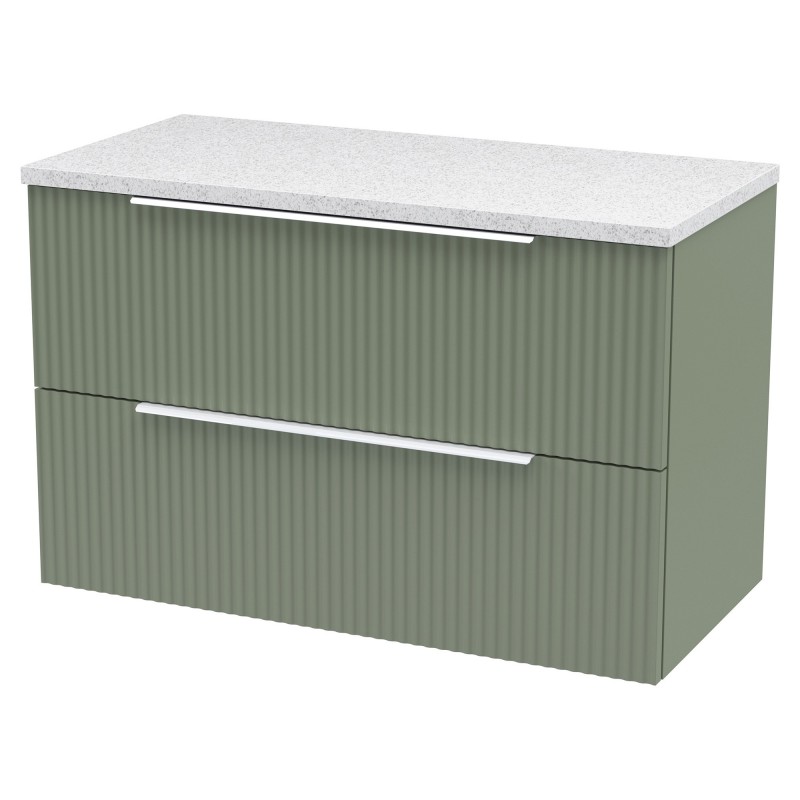 Fluted 800mm Wall Hung 2 Drawer Vanity & White Sparkle Laminate Worktop - Satin Green Fluted 800mm Wall Hung 2 Drawer Vanity & White Sparkle Laminate Worktop - Satin Green