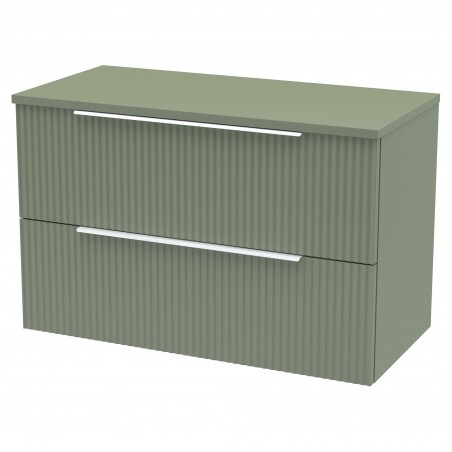 Fluted 800mm Wall Hung 2 Drawer Vanity & Worktop - Satin Green
