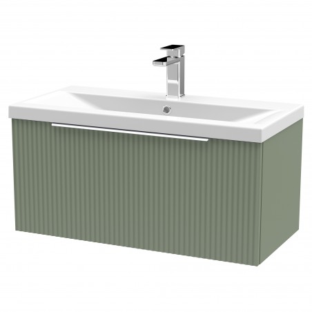 Fluted 800mm Wall Hung Single Drawer Vanity & Mid-Edge Ceramic Basin - Satin Green