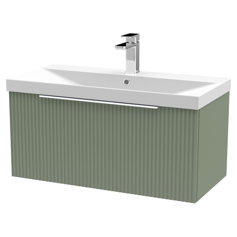 Fluted 800mm Wall Hung Single Drawer Vanity & Thin-Edge Ceramic Basin - Satin Green Fluted 800mm Wall Hung Single Drawer Vanity & Thin-Edge Ceramic Basin - Satin Green