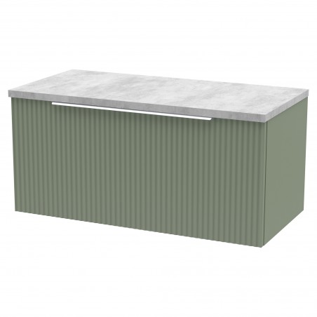 Fluted 800mm Wall Hung Single Drawer Vanity & Bellato Grey Laminate Worktop - Satin Green