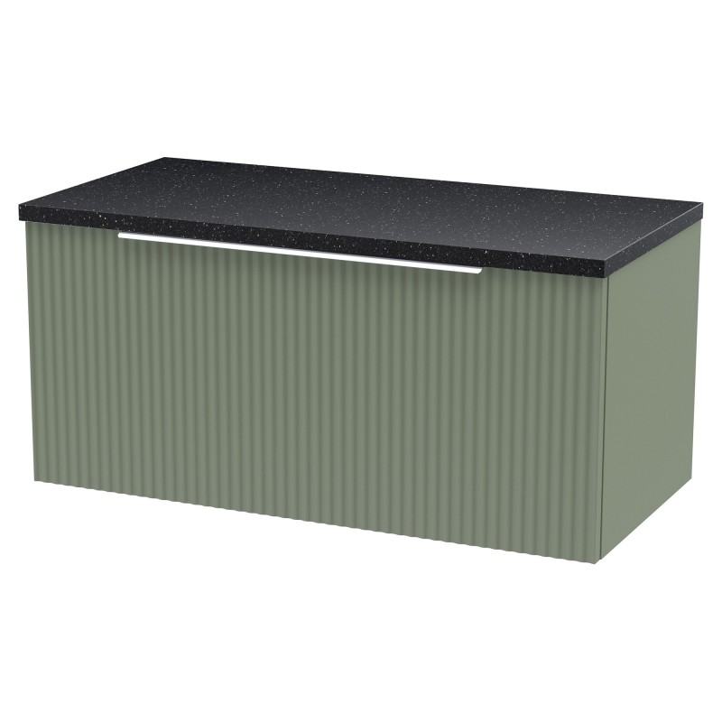 Fluted 800mm Wall Hung Single Drawer Vanity & Black Sparkle Laminate Worktop - Satin Green Fluted 800mm Wall Hung Single Drawer Vanity & Black Sparkle Laminate Worktop - Satin Green