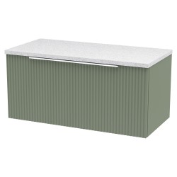 Fluted 800mm Wall Hung Single Drawer Vanity & White Sparkle Laminate Worktop - Satin Green