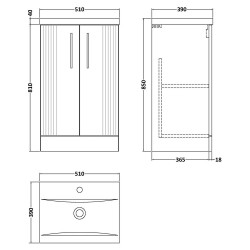 Deco 500mm Freestanding 2 Door Vanity Unit with Mid-Edge Basin - Satin White - Technical Drawing