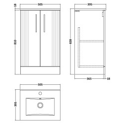 Deco 500mm Freestanding 2 Door Vanity Unit with Minimalist Basin - Satin White - Technical Drawing