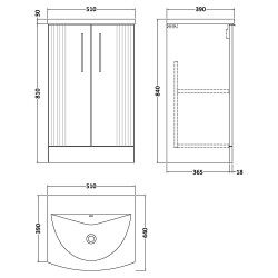 Deco 500mm Freestanding 2 Door Vanity Unit with Curved Basin - Satin White - Technical Drawing