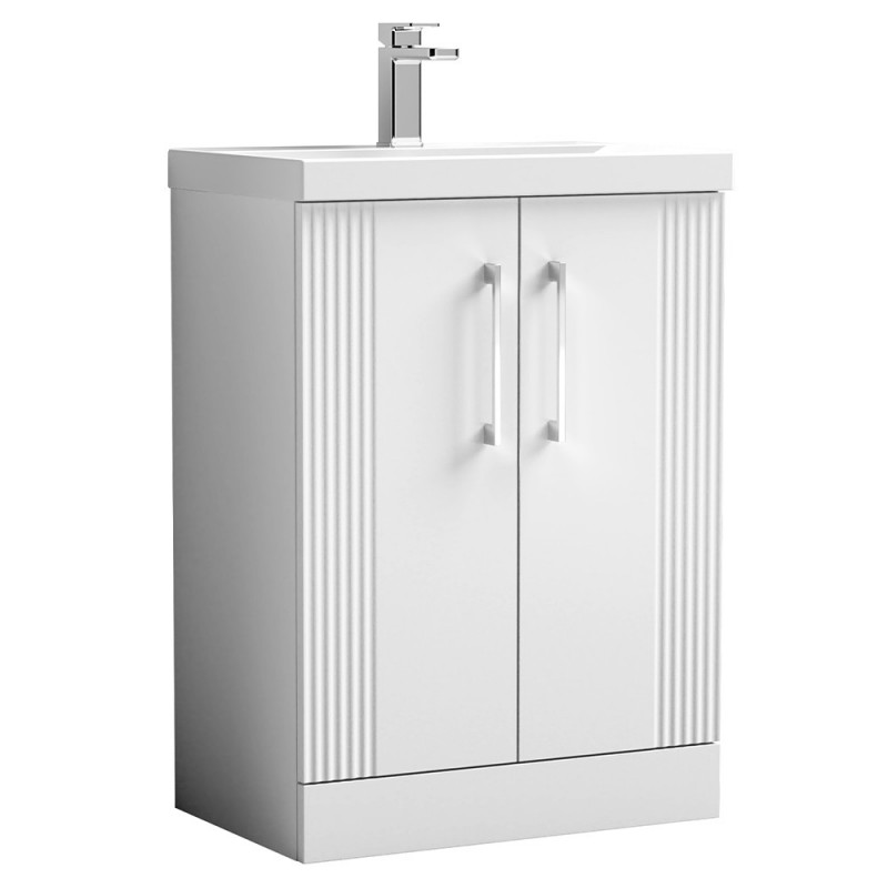 Deco 600mm Freestanding 2 Door Vanity Unit with Mid-Edge Basin - Satin White Deco 600mm Freestanding 2 Door Vanity Unit with Mid-Edge Basin - Satin White