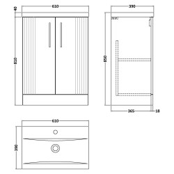 Deco 600mm Freestanding 2 Door Vanity Unit with Mid-Edge Basin - Satin White - Technical Drawing