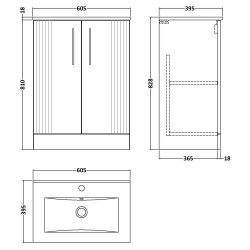Deco 600mm Freestanding 2 Door Vanity Unit with Minimalist Basin - Satin White - Technical Drawing