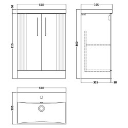 Deco 600mm Freestanding 2 Door Vanity Unit with Thin-Edge Basin - Satin White - Technical Drawing