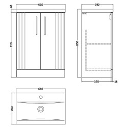 Deco 600mm Freestanding 2 Door Vanity Unit with Mid-Edge Basin - Soft Black - Technical Drawing