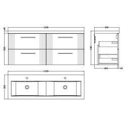 Deco 1200mm Wall Hung 4 Drawer Vanity Unit with Double Basin - Soft Black - Technical Drawing