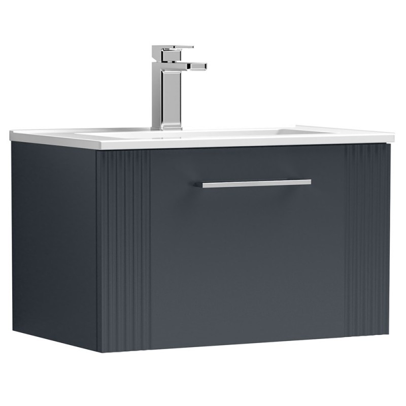 Deco 600mm Wall Hung Single Drawer Vanity Unit with Minimalist Basin - Soft Black Deco 600mm Wall Hung Single Drawer Vanity Unit with Minimalist Basin - Soft Black