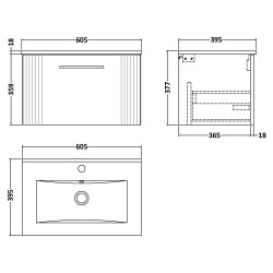 Deco 600mm Wall Hung Single Drawer Vanity Unit with Minimalist Basin - Soft Black - Technical Drawing