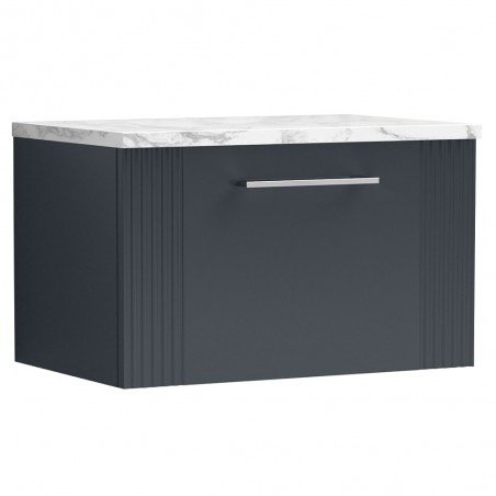 Deco 600mm Wall Hung Single Drawer Vanity Unit & Laminate Worktop - Soft Black/Carrera Marble