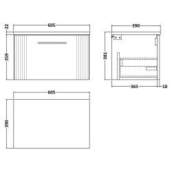 Deco 600mm Wall Hung Single Drawer Vanity Unit & Laminate Worktop - Soft Black/Carrera Marble - Technical Drawing