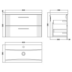 Deco 800mm Wall Hung 2 Drawer Vanity Unit with Mid-Edge Basin - Soft Black - Technical Drawing