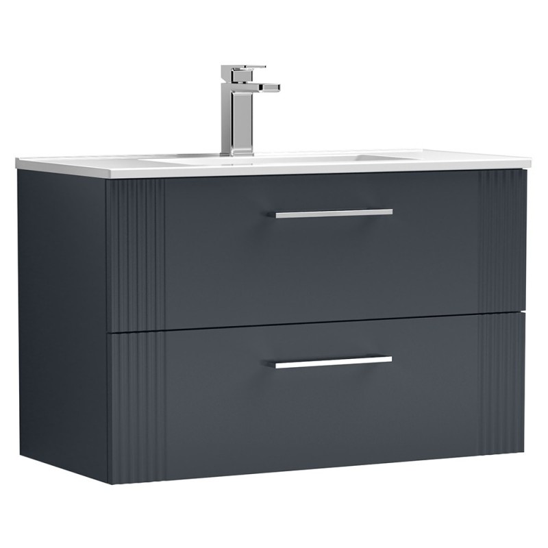 Deco 800mm Wall Hung 2 Drawer Vanity Unit with Minimalist Basin - Soft Black Deco 800mm Wall Hung 2 Drawer Vanity Unit with Minimalist Basin - Soft Black