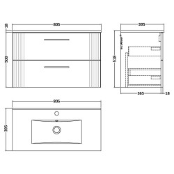 Deco 800mm Wall Hung 2 Drawer Vanity Unit with Minimalist Basin - Soft Black - Technical Drawing