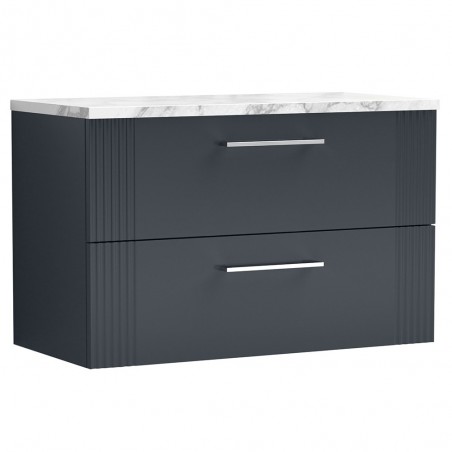 Deco 800mm Wall Hung 2 Drawer Vanity Unit & Laminate Worktop - Soft Black/Carrera Marble