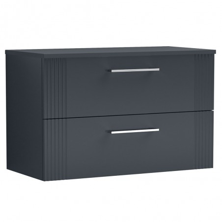 Deco 800mm Wall Hung 2 Drawer Vanity Unit with Worktop - Soft Black