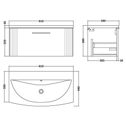 Deco 800mm Wall Hung Single Drawer Vanity Unit with Curved Basin - Soft Black - Technical Drawing