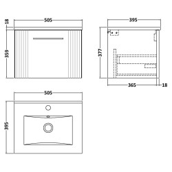 Deco 500mm Wall Hung Single Drawer Vanity Unit with Minimalist Basin - Satin White - Technical Drawing