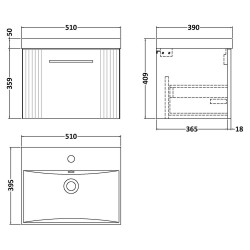 Deco 500mm Wall Hung Single Drawer Vanity Unit with Thin-Edge Basin - Satin White - Technical Drawing