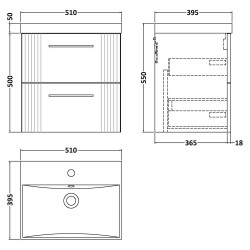 Deco 500mm Wall Hung 2 Drawer Vanity Unit with Thin-Edge Basin - Satin White - Technical Drawing