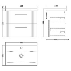 Deco 600mm Wall Hung 2 Drawer Vanity Unit with Mid-Edge Basin - Satin White - Technical Drawing